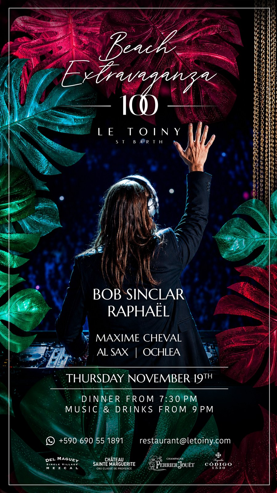 Beach Extravaganza 100 - Le Toiny St Barth - lineup Bob Sinclar Raphael Maxime Cheval Al Sax Ochlea - Thursday November 19th